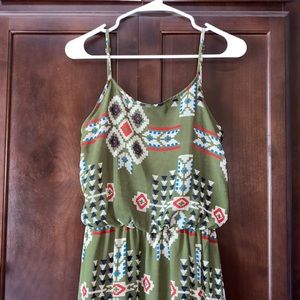 Fun& Flirt Long Olive Green & Pattern Dress